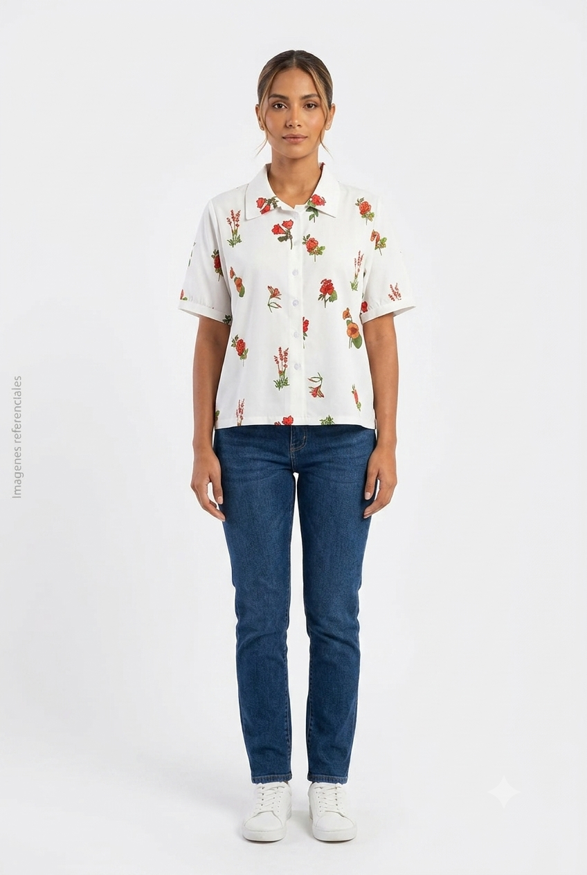 Blusa Blanca Manga Corta con Estampado Floral Rojo DAZY