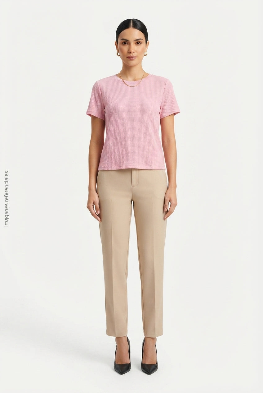 Camiseta de Punto Waffle Cuello Redondo Manga Corta Rosa Pastel DAZY