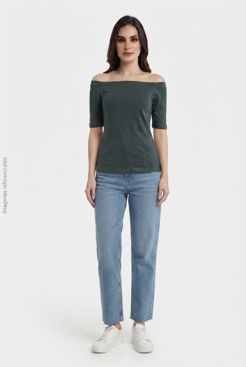 Top Ajustado Escote Bardot Manga Corta Verde Militar DAZY