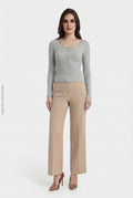 Top Corto Acanalado de Manga Larga Estilo Henley Gris Jaspeado DAZY
