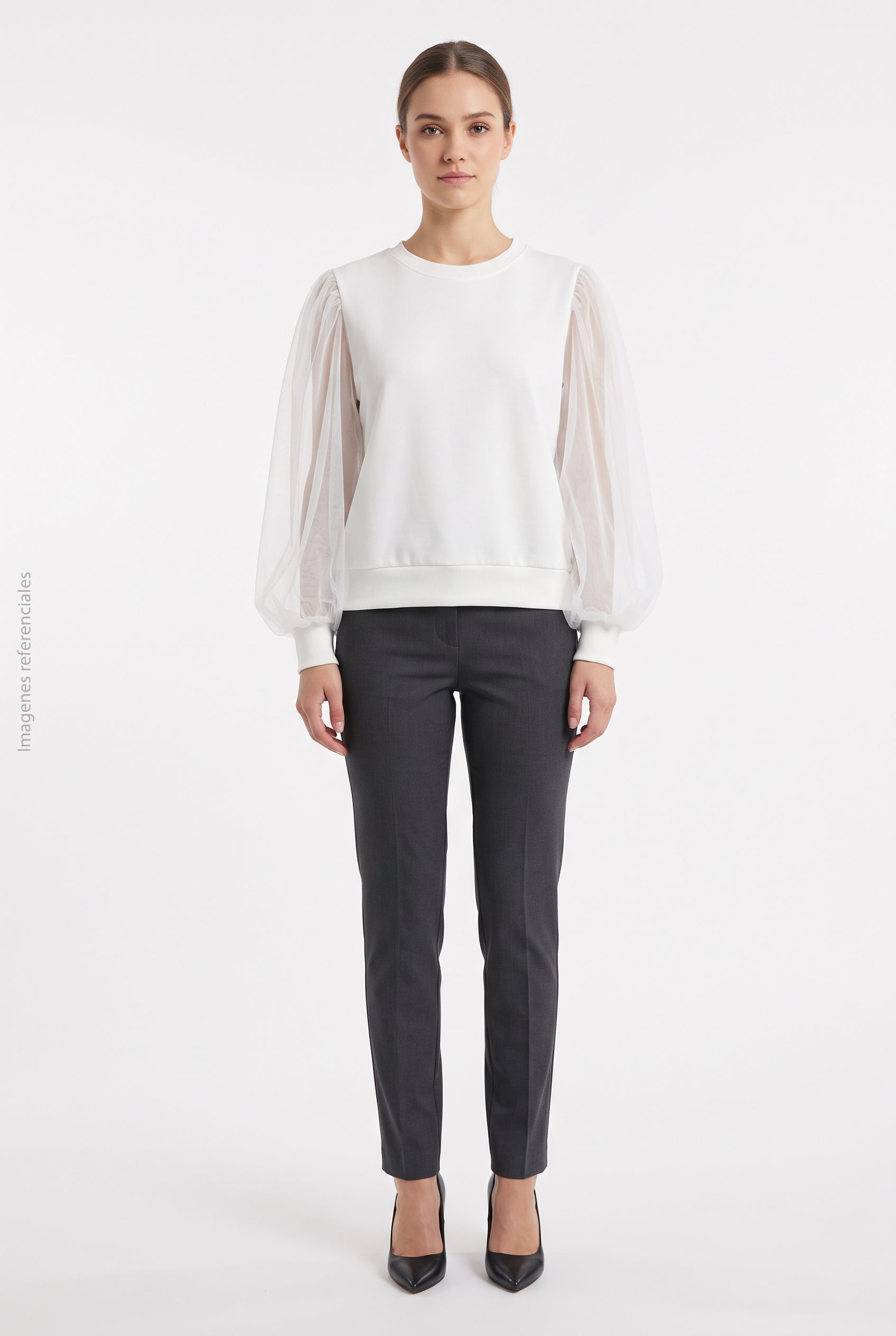 Sudadera Blanca Cuello Redondo con Mangas Abullonadas de Tul DAZY