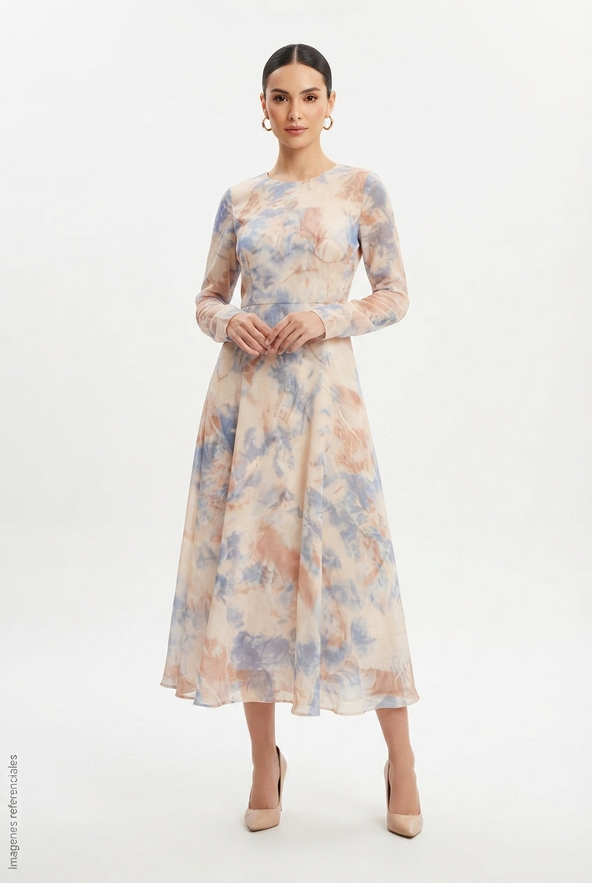 Vestido Midi de Manga Larga con Estampado Tie-Dye Abstracto DAZY
