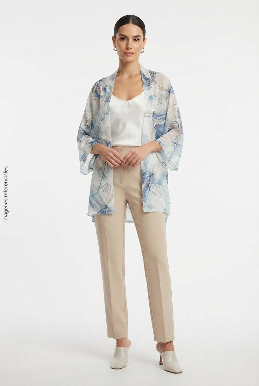 Kimono Cardigan Ligero con Estampado Abstracto Azul y Blanco DAZY