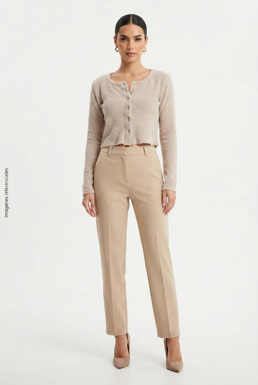 Top Corto de Manga Larga en Tejido Mullido Estilo Henley Beige DAZY