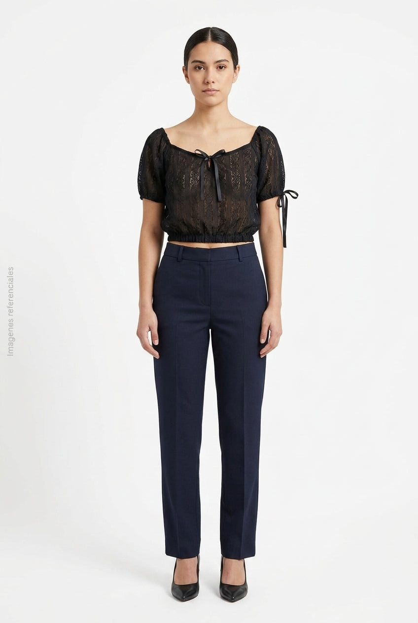 Blusa Corta de Encaje Manga Corta con Lazos y Escote Cuadrado Negra DAZY