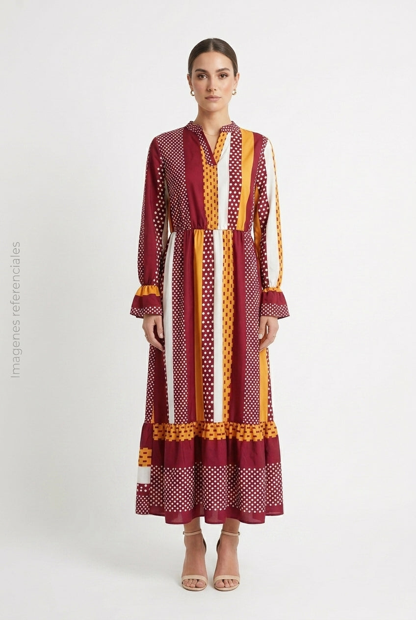Vestido Midi Estampado de Lunares y Rayas Multicolor con Volante SHEIN