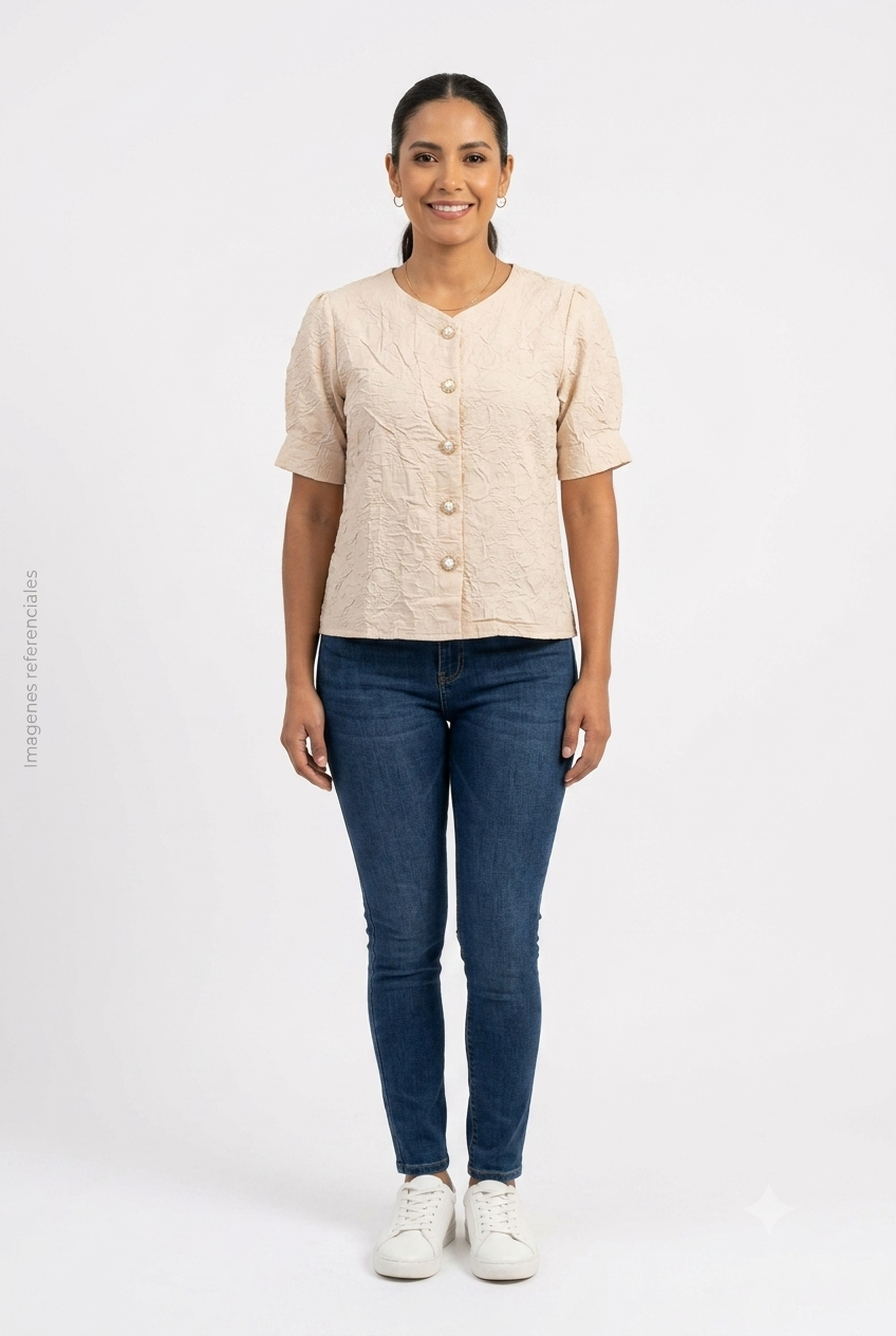 Blusa Beige Texturizada de Manga Corta con Botones Dazy