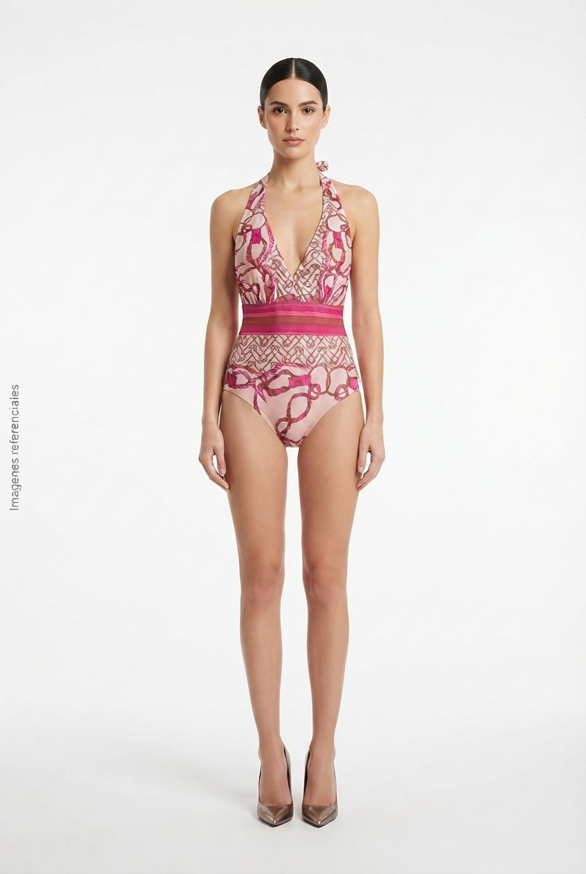 Bañador Entero con Estampado de Cadenas y Escote Halter SHEIN