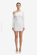 Vestido Corto Ajustado Manga Larga Escote Asimétrico con Fruncido Blanco DAZY