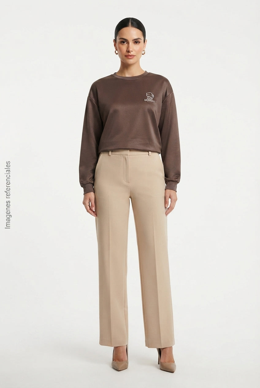 Sudadera de Cuello Redondo con Bordado Minimalista Color Chocolate DAZY