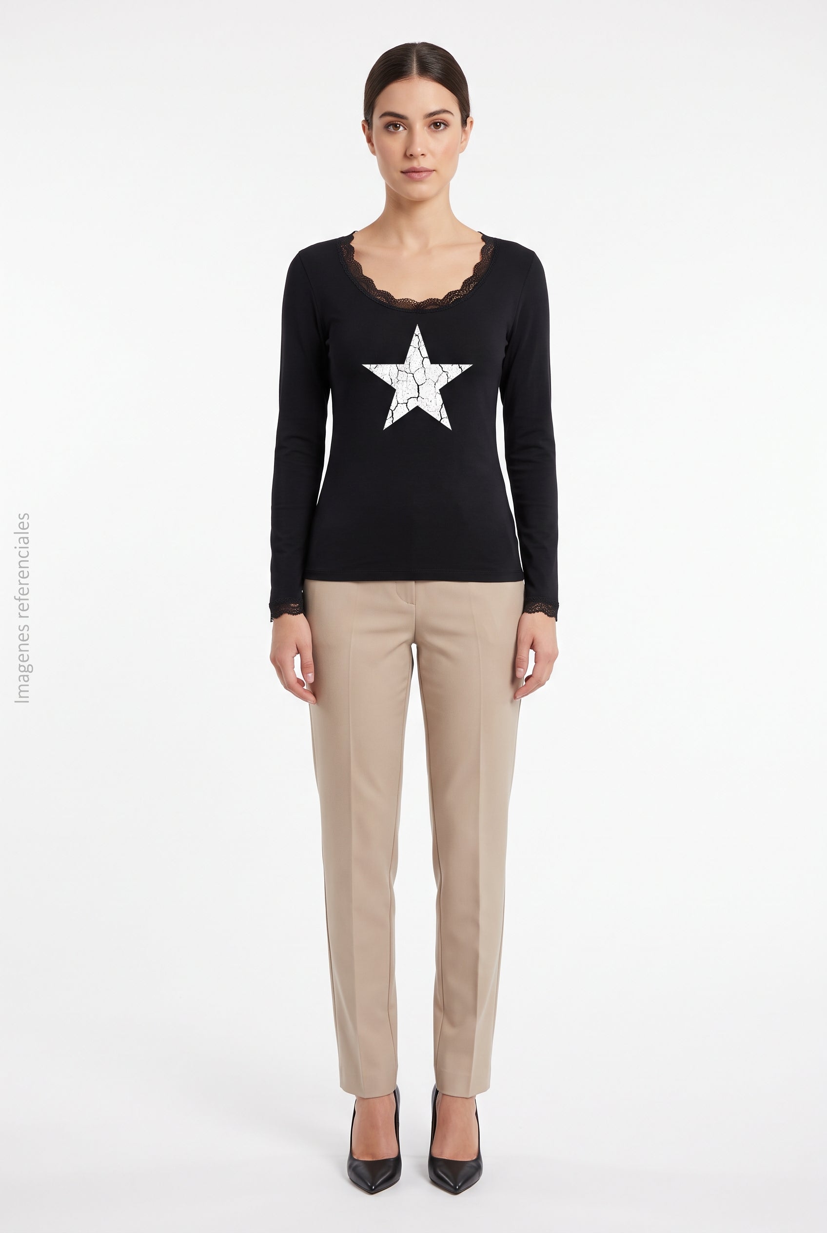 Top Negro Manga Larga Escote Barco Estampado de Estrella DAZY