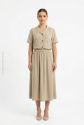 Conjunto de Dos Piezas Camisa Manga Corta y Falda Midi Beige DAZY