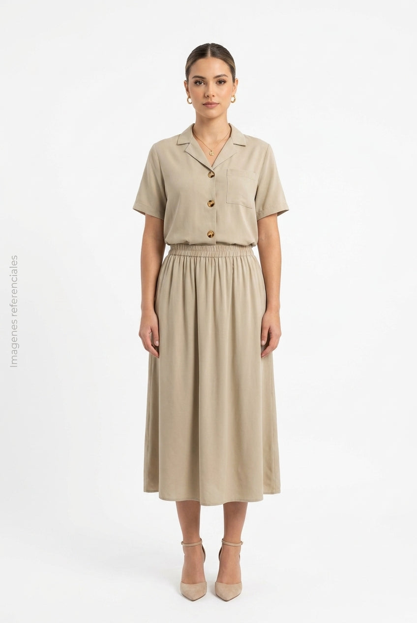 Conjunto de Dos Piezas Camisa Manga Corta y Falda Midi Beige DAZY